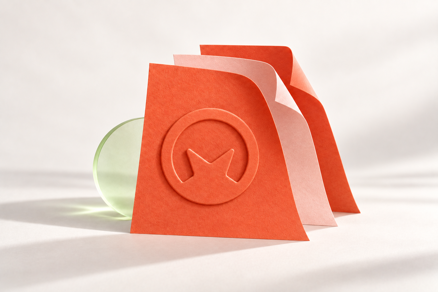 Three separated coral and blush paper layers, with the Matizmo icon embossed into the front layer and a pale lime glass disc behind.
